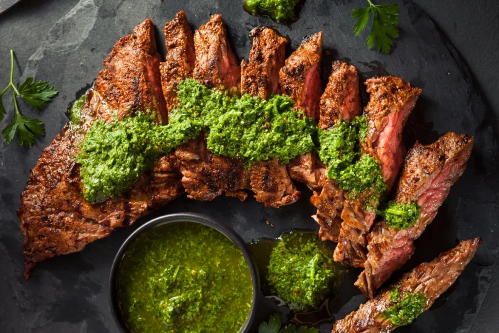 Sliced grilled steak topped with cilantro chimichurri sauce, served on a slate surface with extra sauce on the side.