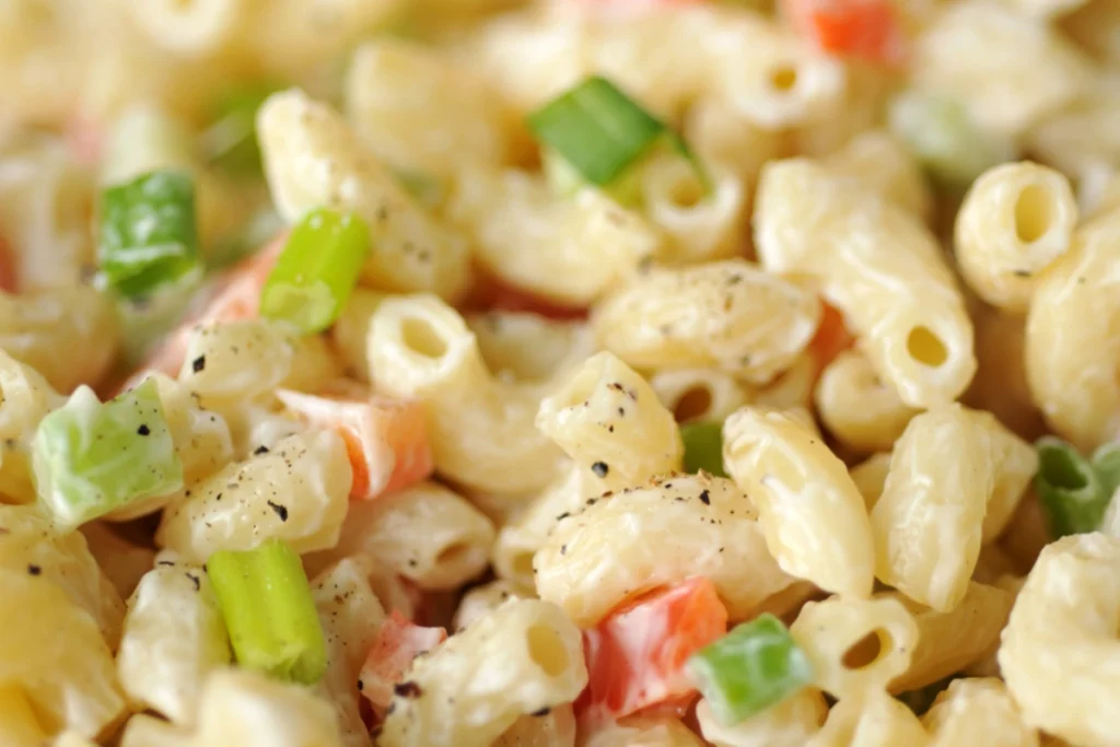 Close-up of Hawaiian macaroni salad with creamy dressing, green onions, carrot pieces, and a sprinkle of black pepper.