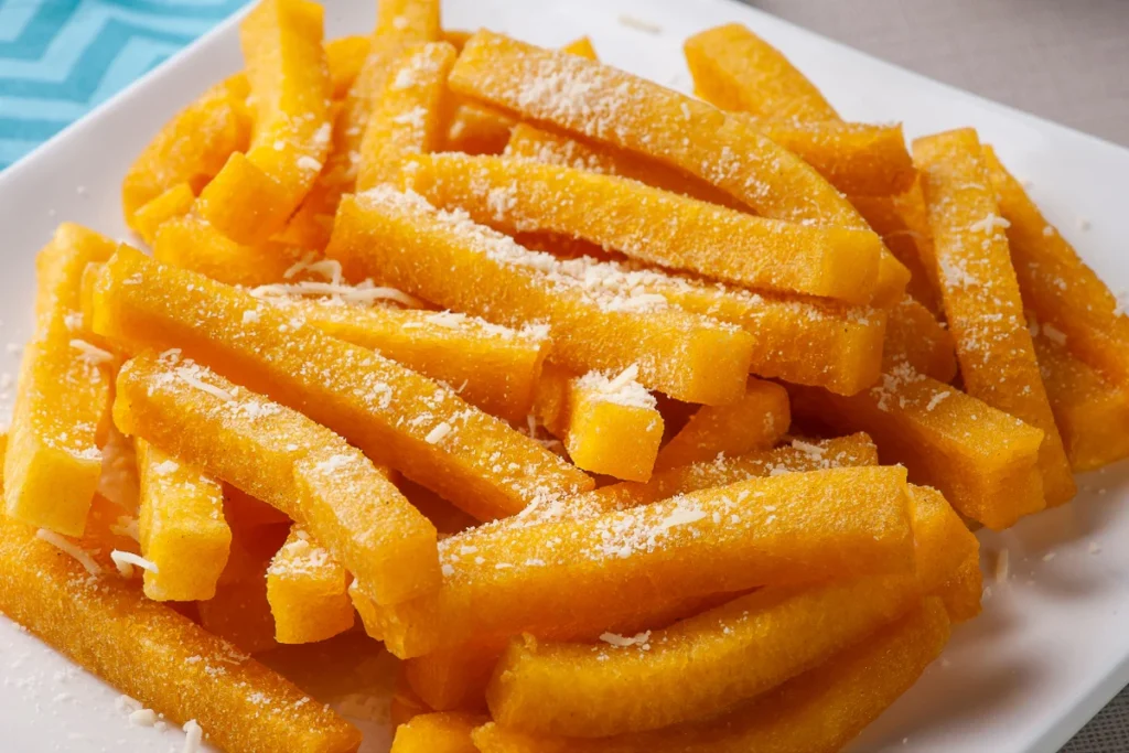 A plate of fried polenta sticks sprinkled with grated cheese.