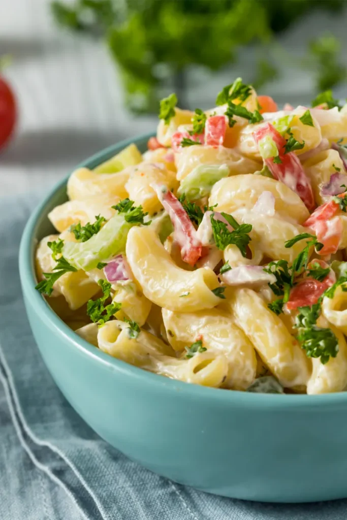 A bowl of Hawaiian macaroni salad with creamy dressing, garnished with parsley and mixed with carrots and celery, on a blue bowl over a cloth napkin.