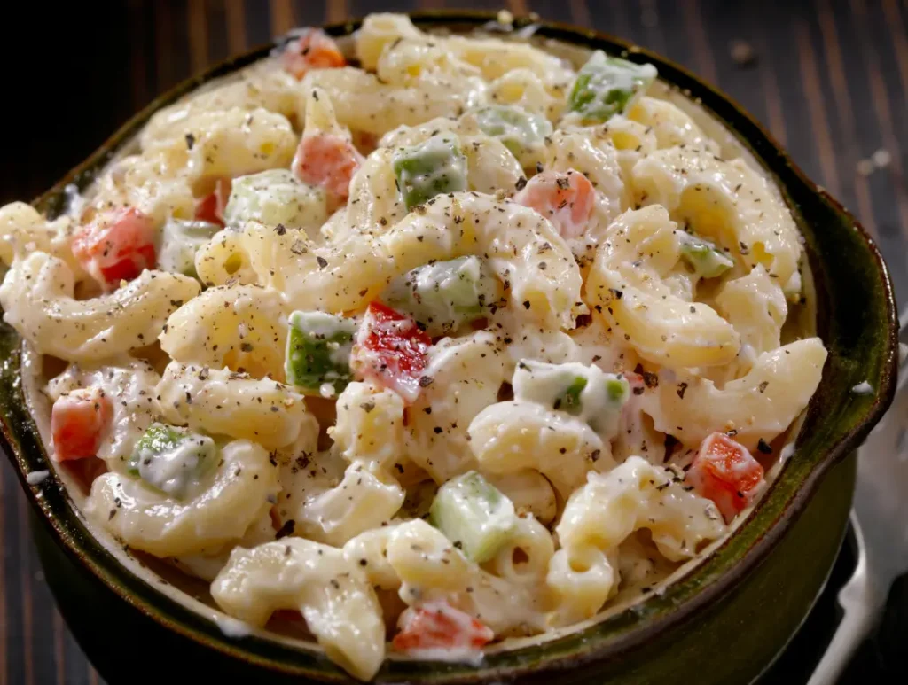 A bowl containing Hawaiian macaroni salad dressed in creamy sauce.