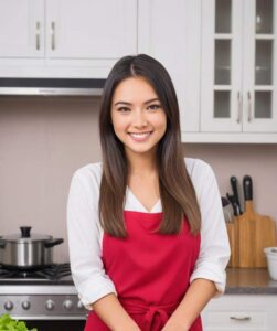 A woman named Lucy, with long dark hair, smiling at the camera, wearing a white shirt and a red apron, standing in a kitchen with cabinets and cooking utensils in the background.
