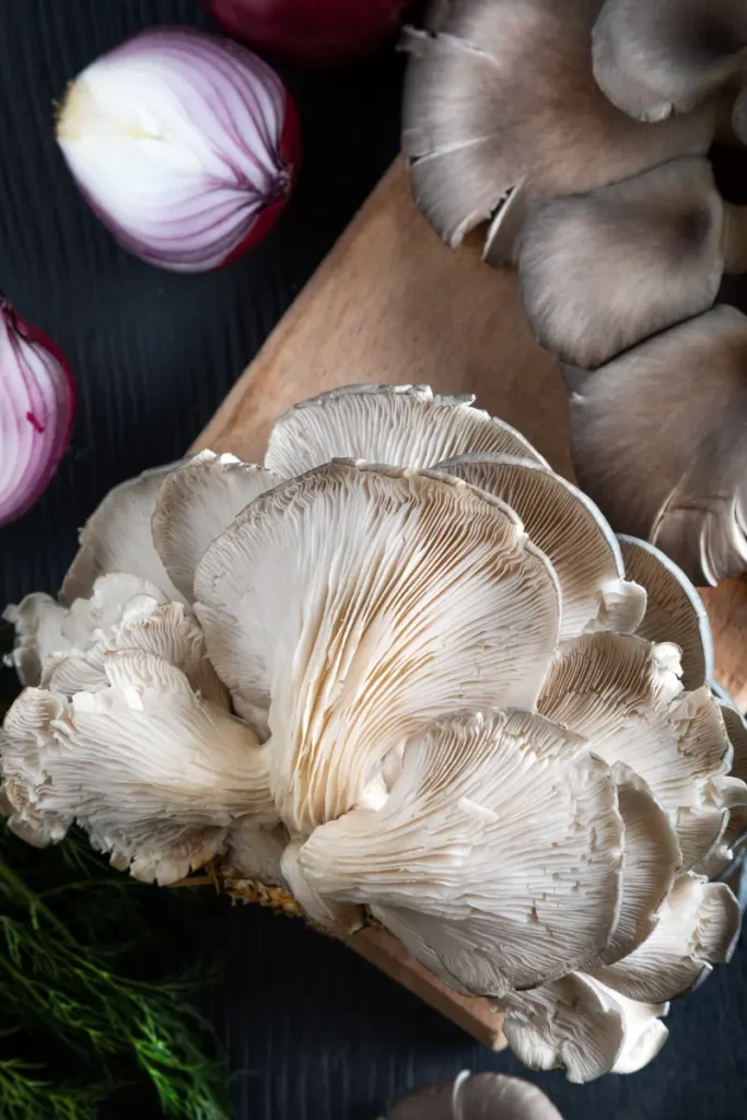 Close-up view of oyster mushrooms on a wooden cutting board, with the delicate gill structure visible, accompanied by halves of red onion and dill in the background on a dark surface.