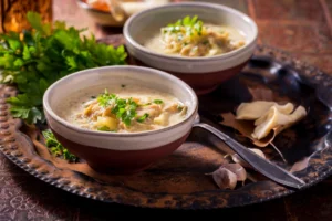 Two bowls of creamy oyster mushroom soup garnished with parsley, on a rustic metal tray with fresh parsley, garlic cloves, and a spoon.