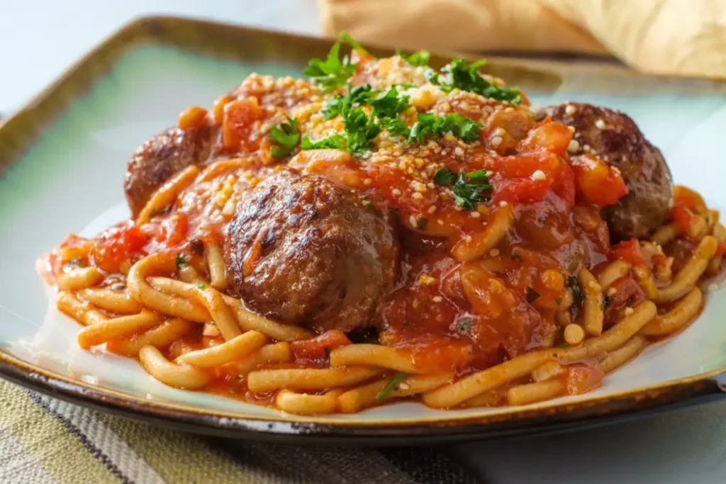 A plate of twisted pasta topped with meatballs and chunky tomato gravy, sprinkled with parsley and grated cheese.