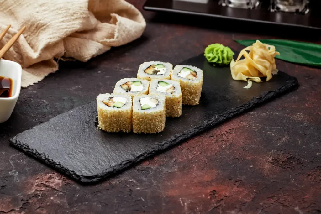  Six pieces of Alaska sushi rolls covered in sesame seeds, with cucumber and fish fillings, presented on a black slate next to garnishes of wasabi and pickled ginger, all set on a dark, textured surface.