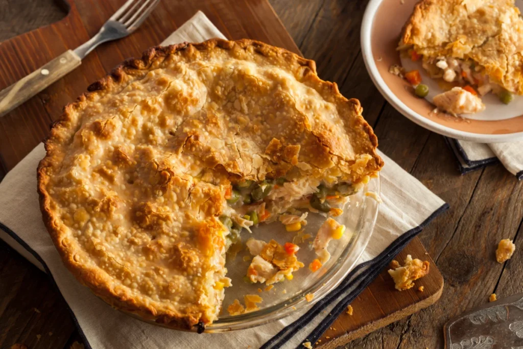 Homemade Bisquick Chicken Pot Pie with a golden-brown crust served in a glass pie dish, with a slice plated beside it revealing the creamy chicken and vegetable filling.