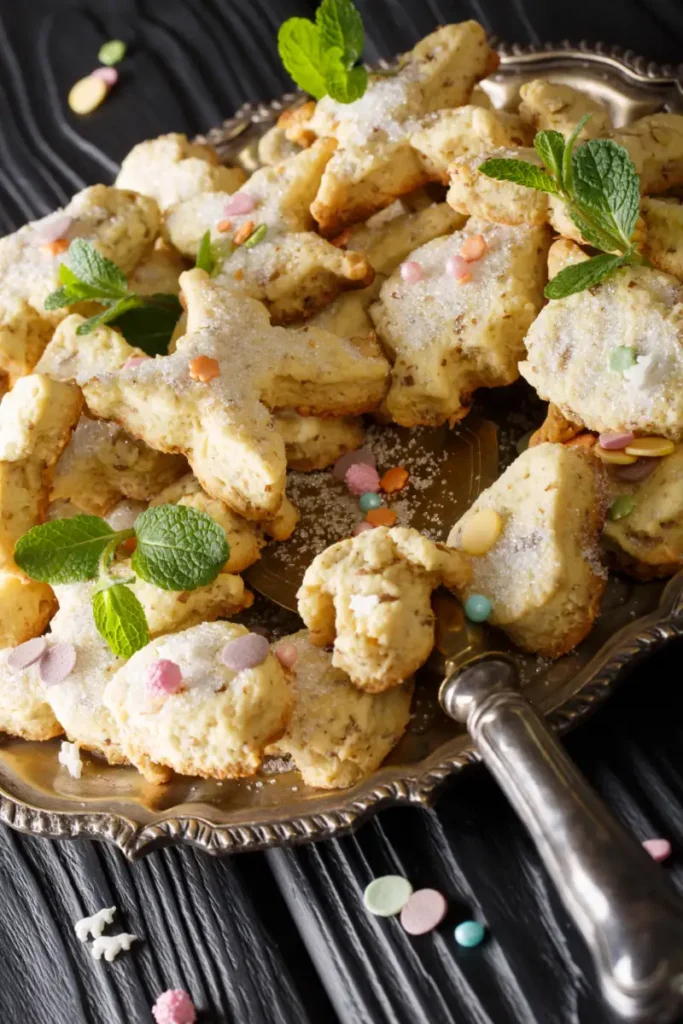 An assortment of biscochitos cookies in star and moon shapes, sprinkled with sugar and colorful confetti, decorated with mint leaves on a vintage silver serving tray.