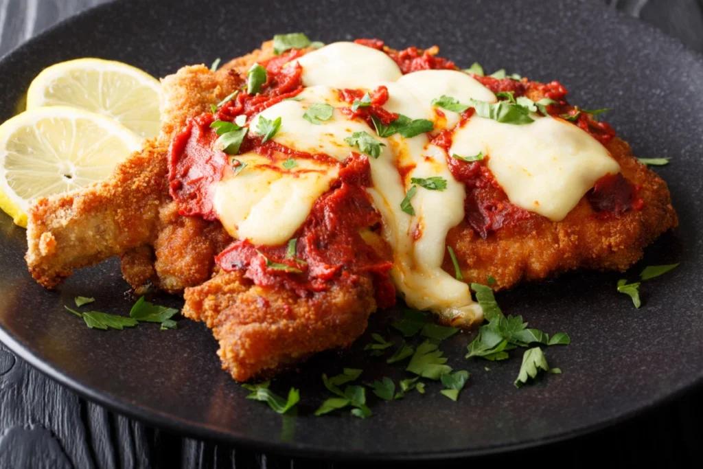 Milanesa steak topped with melted cheese and tomato sauce, garnished with parsley, served with lemon slices on a black plate.