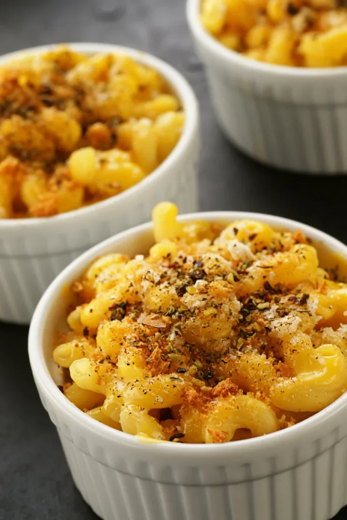 Two white ramekins of baked macaroni and cheese with a crispy herb topping, on a dark surface. 