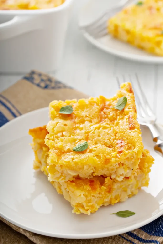 A slice of cornbread casserole on a white plate, topped with fresh green herbs, with more of the dish blurred in the background.