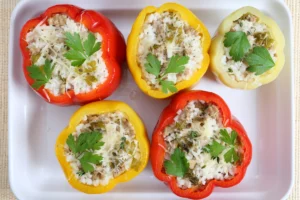 Cream Cheese Stuffed Peppers. An assortment of halved red and yellow bell peppers filled with cream cheese, rice, and herbs, garnished with grated cheese and parsley leaves on a white plate.