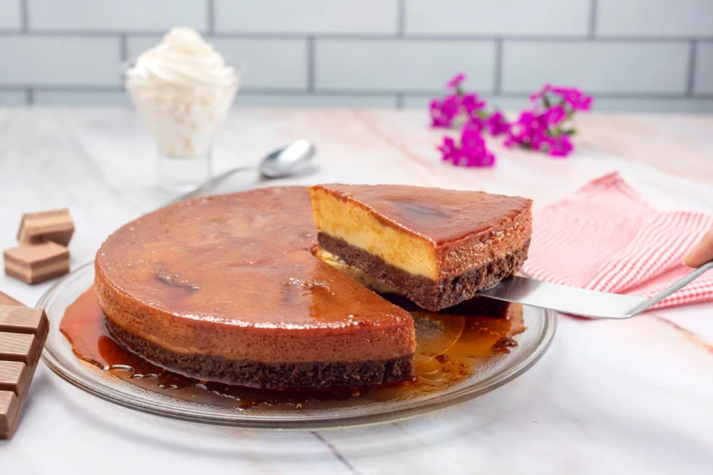 A whole chocolate flan cake with one slice partially removed, revealing its layered structure, on a clear glass plate with caramel sauce. In the background are pieces of chocolate, a white spoon, a glass with whipped cream, a pink striped napkin, and small purple flowers.