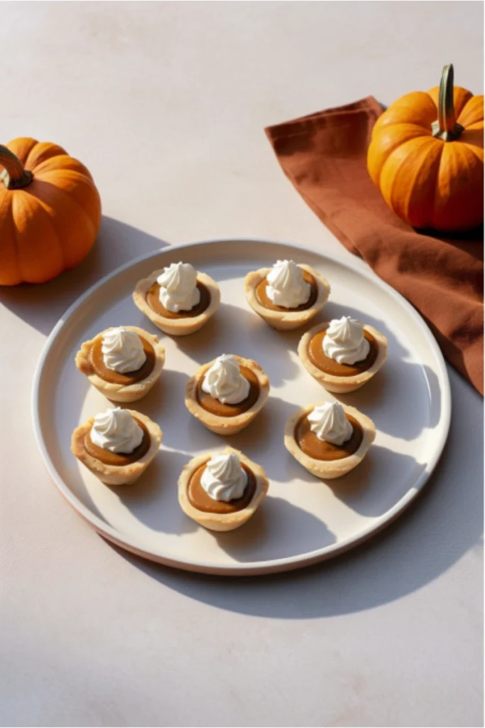 Mini pumpkin pies with swirls of whipped cream on a white plate, accompanied by a small pumpkin and a rust-colored napkin, presented on a light surface.