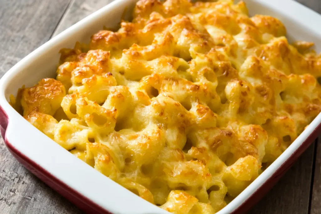 A large rectangular dish of old-fashioned baked macaroni and cheese with a golden-brown cheese topping, on a wooden table.