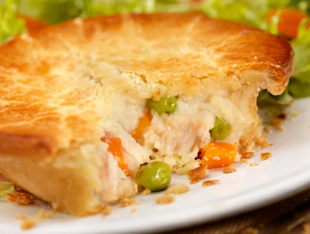 A slice of Bisquick Chicken Pot Pie on a white plate, showing the flaky crust and creamy filling with peas, carrots, and chunks of chicken, with salad in the background.