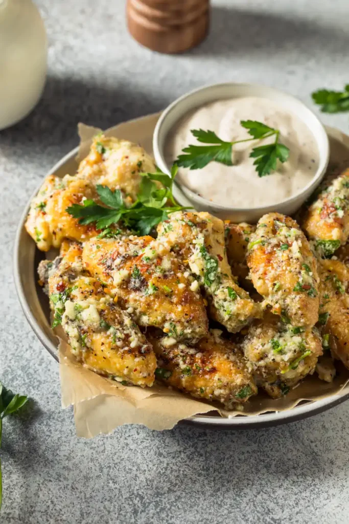 A plate of garlic parmesan chicken wings topped with fresh herbs and served with a side of ranch dipping sauce.