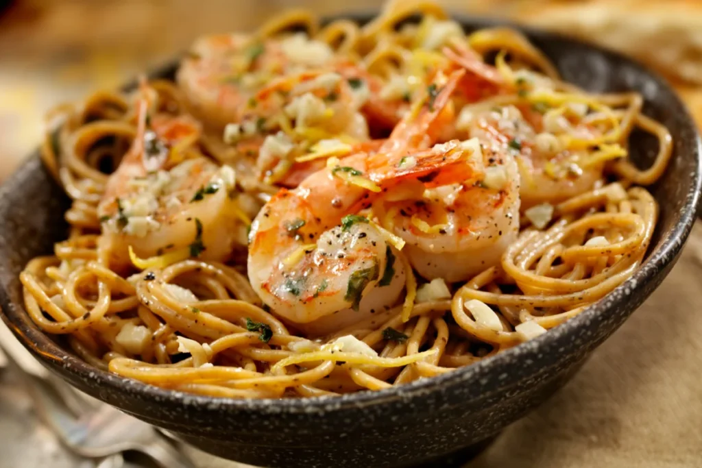 Close-up of a rustic bowl filled with shrimp pasta, the plump shrimp seasoned with herbs are prominent on top of the intertwined spaghetti noodles, suggesting a hearty meal.