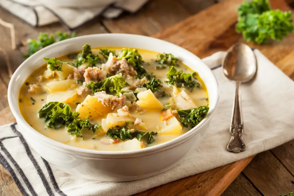 Bowl of Tuscan chicken soup with kale, potatoes, and ground meat, served on a rustic wooden table with a silver spoon and a napkin on the side.