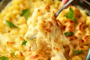 Close-up of baked macaroni and cheese with a golden-brown crust, garnished with parsley leaves, with a serving being lifted, showing melted cheese stretching.