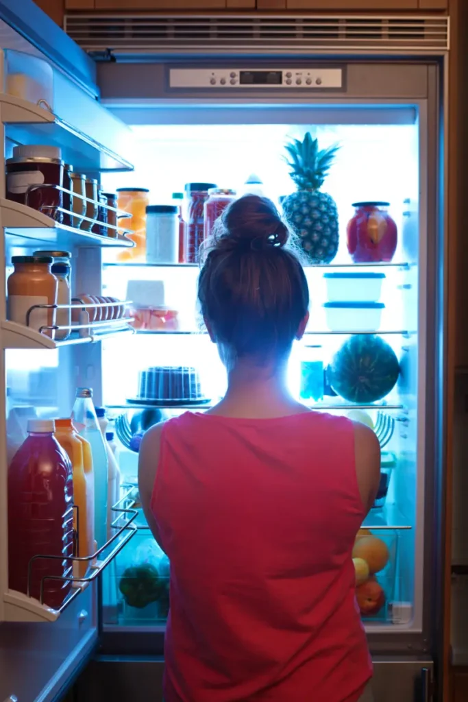 A person in a red top and hair tied up gazes into a fully stocked refrigerator illuminated in a soft light, contemplating a late-night food choice.