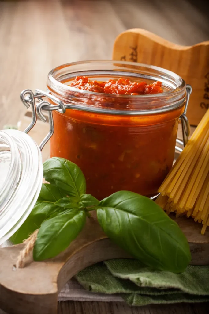 Open jar of tomato sauce with a basil leaf on top, next to uncooked spaghetti and a wooden spoon, on a rustic table.