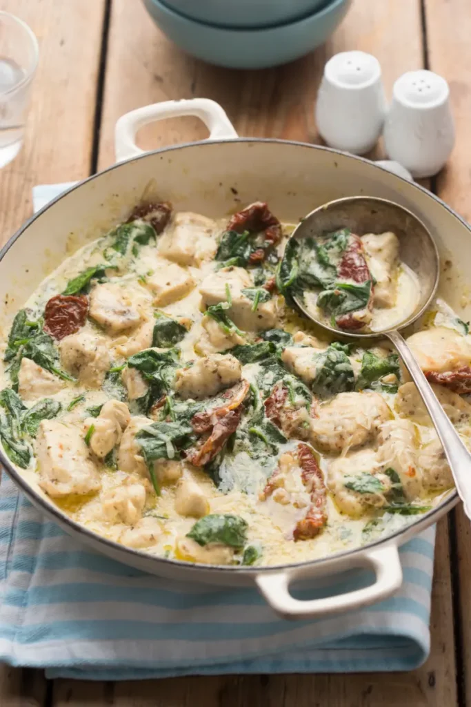 Hearty Tuscan chicken soup with spinach and sun-dried tomatoes in a white enamel pot on a wooden table, with salt and pepper shakers in the background.