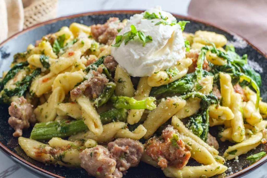 A plate of cavatelli pasta mixed with sausage, broccoli rabe, and a dollop of ricotta cheese garnished with chopped parsley.