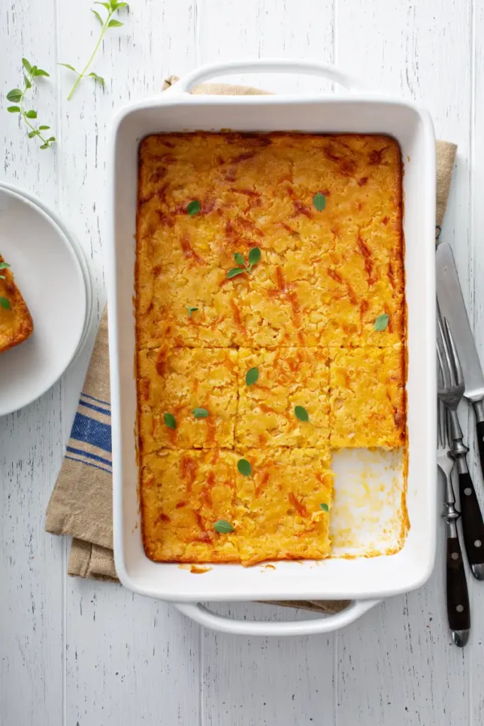 Baked cornbread casserole in a white dish, with a corner piece served, set on a white wooden table with fresh herbs and cutlery beside it.