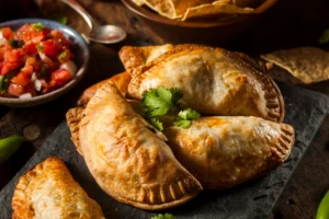 Three golden-brown pumpkin empanadas on a slate surface, accompanied by a bowl of tomato salsa and tortilla chips in the background.