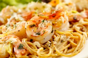 Close-up of shrimp pasta with herbs and spices, focusing on succulent shrimp on top of twirled spaghetti noodles.