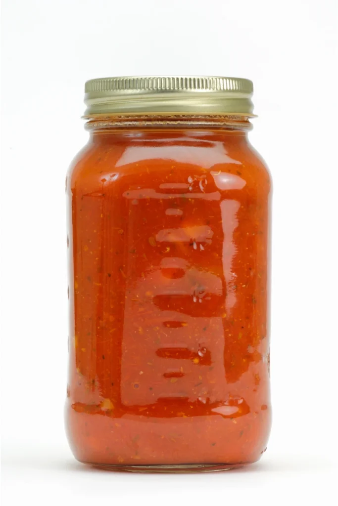 Sealed glass jar of homemade spaghetti sauce with visible herbs, on a white background.