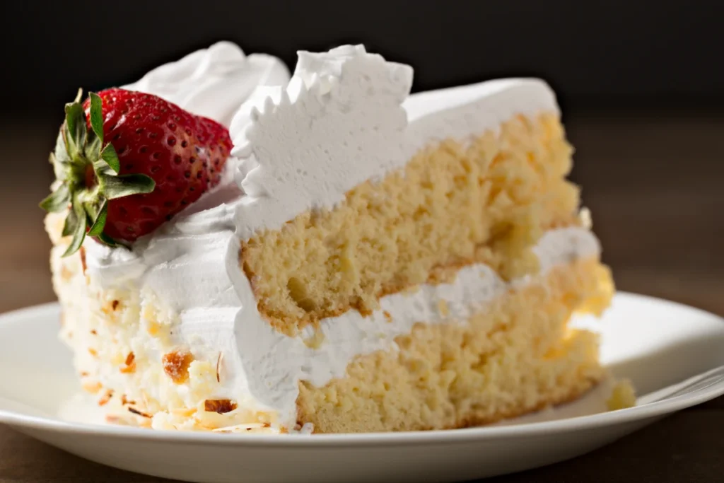 Close-up of a fluffy strawberry tres leches cake slice topped with whipped cream and a fresh strawberry, served on a white plate.