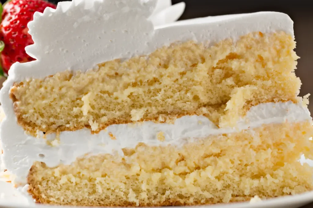 Ultra-close-up of a strawberry tres leches cake slice, highlighting the sponge's airy texture and the layers of sweetened whipped cream, with a glimpse of a strawberry on top.