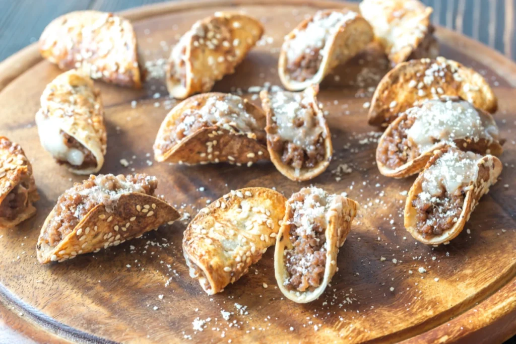 A wooden serving board with mini tacos sprinkled with cheese and sesame seeds, focused in the foreground with a softly blurred background.