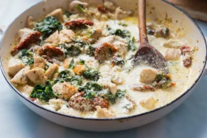 A creamy Tuscan chicken soup with chunks of chicken, sun-dried tomatoes, and spinach, in a white ceramic pot with a wooden spoon.