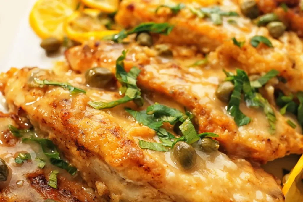 Close-up of Greek chicken fillets with a golden-brown sear, topped with capers and chopped fresh parsley, drizzled with a lemon-infused marinade.