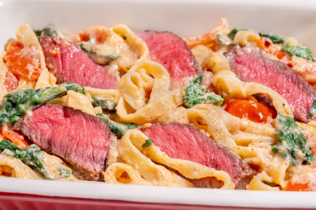 Close-up of creamy steak fettuccine in a white dish, featuring slices of medium-rare steak, spinach, and cherry tomatoes mixed with fettuccine pasta in a creamy sauce.