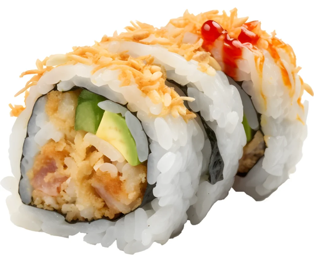 Close-up of a crunchy roll sushi piece, showing a cross-section with avocado, tempura shrimp, and a topping of crispy fried onions and spicy mayo.