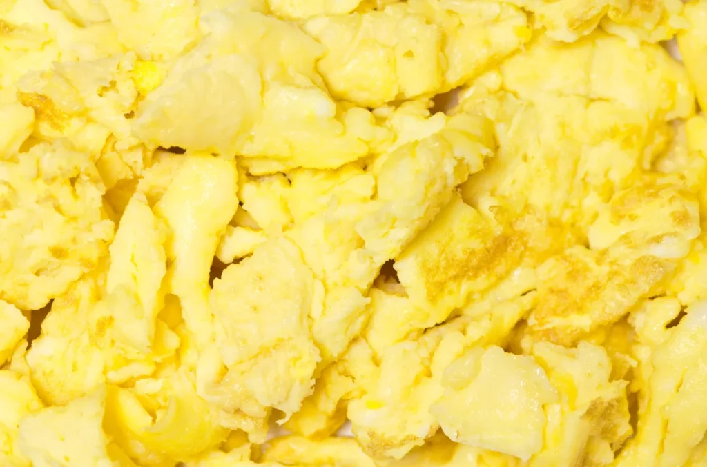 Close-up of scrambled eggs.