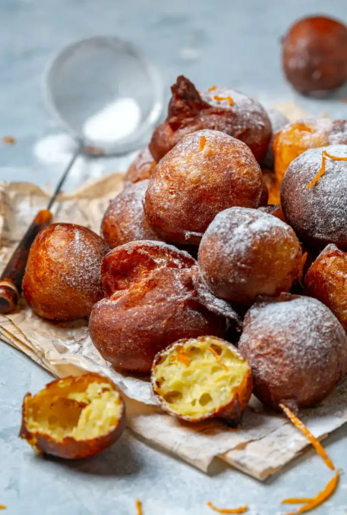 Close-up of French beignets dusted with powdered sugar, some cut open revealing a fluffy interior, accompanied by a sieve and orange zest.