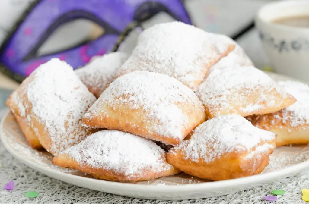 A plate of French beignets, dusted with powdered sugar, displayed with a coffee cup and a purple Mardi Gras mask in the background.