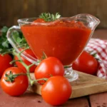 A glass gravy boat filled with tomato gravy, surrounded by fresh tomatoes on a vine and green herbs, with a red and white checkered cloth in the background.