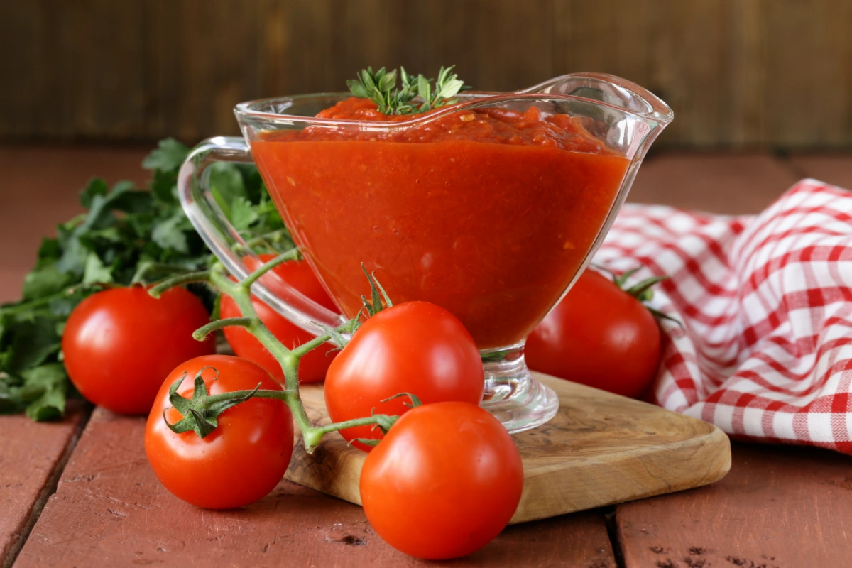 A glass gravy boat filled with tomato gravy, surrounded by fresh tomatoes on a vine and green herbs, with a red and white checkered cloth in the background.