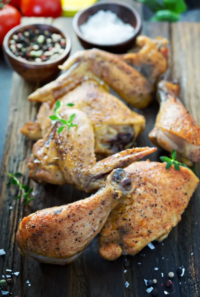 Close-up of two succulent smoked chicken breasts, seasoned with black pepper and herbs, presented on a rustic wooden board, accompanied by fresh cherry tomatoes, lemon slices, and a small bowl of herbs in soft focus in the background.