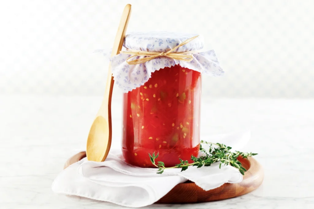 A jar of homemade tomato gravy with a decorative cloth cover and a wooden spoon, garnished with fresh thyme on a wooden board.