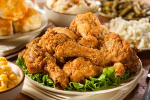 A platter of golden-brown Maryland fried chicken served on a bed of lettuce, accompanied by side dishes including macaroni and cheese, mashed potatoes with gravy, green beans, and coleslaw.