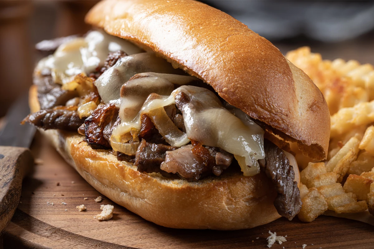 Close-up of a steak sandwich with melted cheese, caramelized onions on a crusty bun, served alongside crinkle-cut fries on a wooden board.