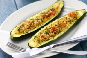 Two zucchini halves stuffed with a mix of rice, vegetables, and cheese, garnished with herbs, presented on a white oval plate with a fork beside it.