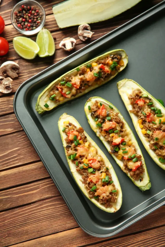 Four zucchini boats filled with a colorful mixture of minced meat, diced red and green bell peppers, corn, and melted cheese on a dark rectangular tray.